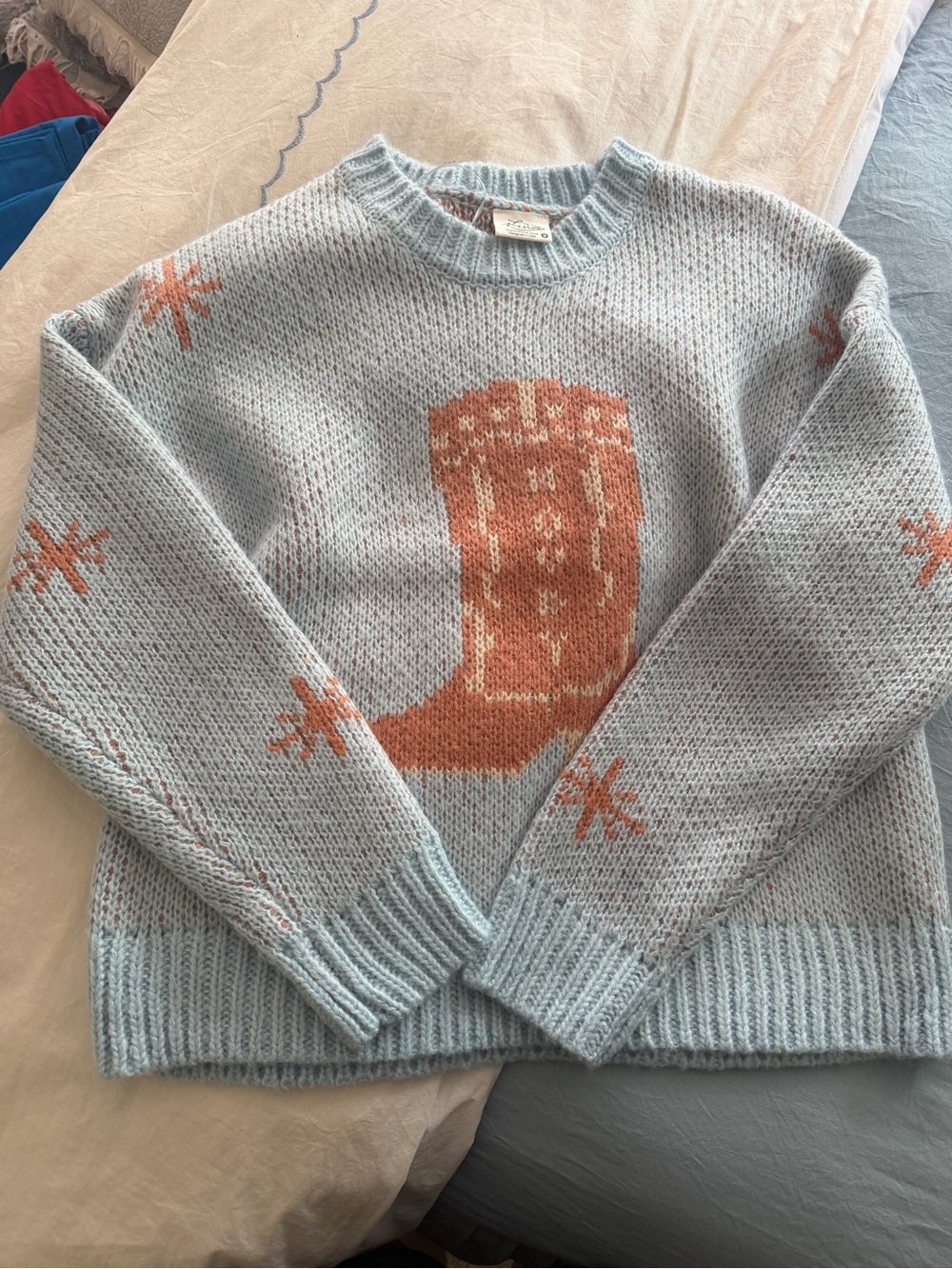 Cozy Light Blue Sweater with Rust Boot Motif - Unbranded